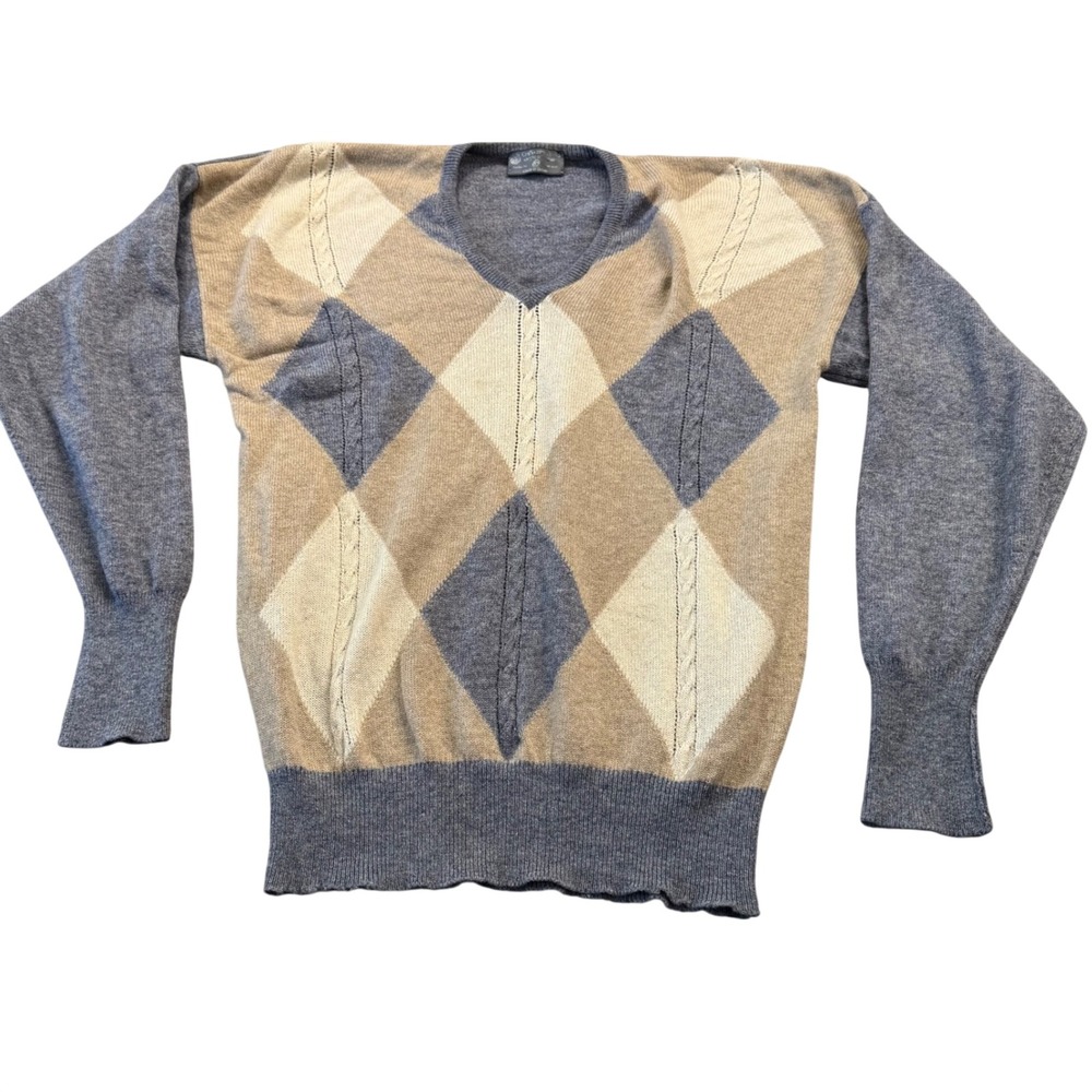 Vintage Pure New Wool Argyle V-Neck Sweater Made in Britain Grey‎ Tan L Light